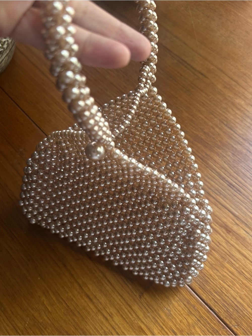Pearl-Embellished Beaded Handbag in Champagne